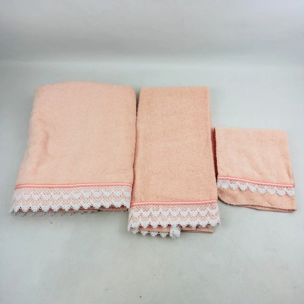 Vintage Cannon Towel Set Bath Hand Washcloth Light‎ Peach Lace Trim Cotton